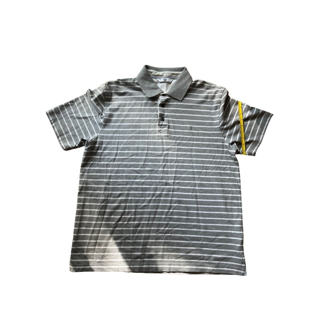 BMW Polo Shirt Mens 2XL Grey Striped Cotton Collared Short Sleeve Golf